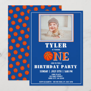 Invitación Foto de baloncesto azul lindo Cumpleaños 1