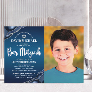 Invitación Foto de Bar Mitzvah con guión de ágata azul marino