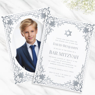 Invitación Foto de Bar Mitzvah Estrella de Plata Falsa Ornate