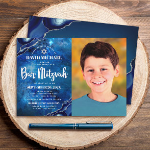 Invitación Foto de Bar Mitzvah Galaxia Azul Acuarela Ágata