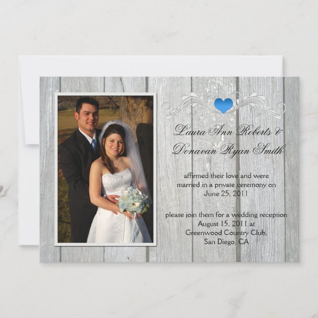Invitación Foto de Barn Wood Blue Heart después de Boda (Anverso)