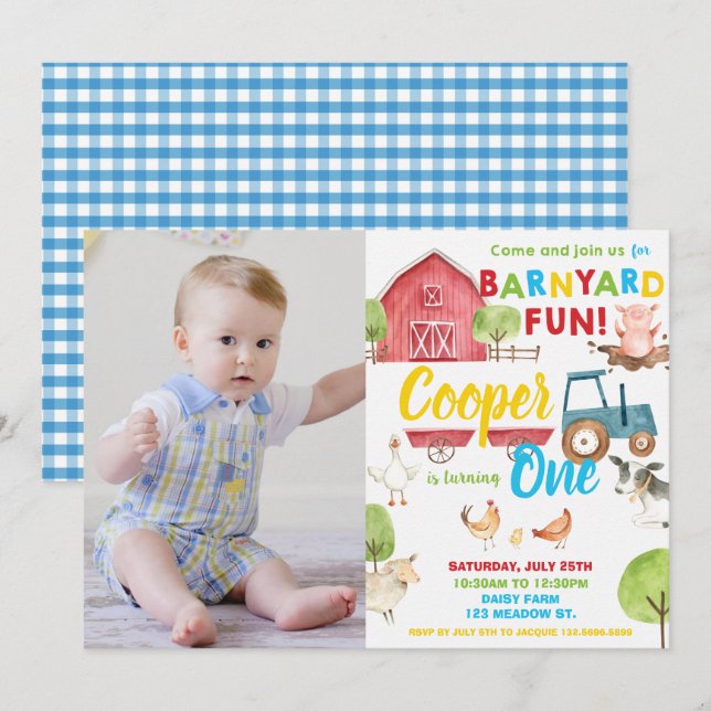 Invitación Foto de Barnyard Fun Boy Birthday Party Animals (Anverso / Reverso)