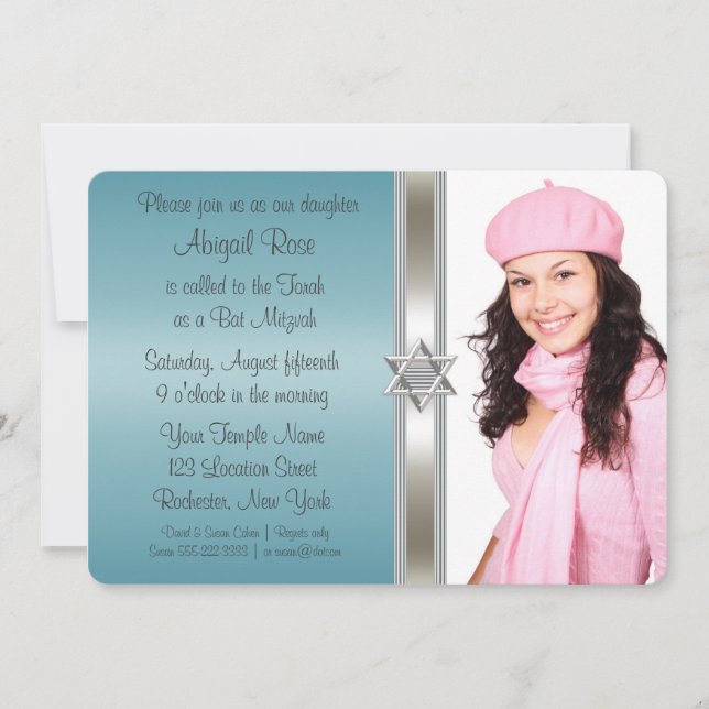 Invitación Foto de Bat Mitzvah azul turquesa (Anverso)