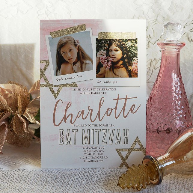 Invitación Foto de Bat Mitzvah rosa y dorado Heather Mauve (elegant mauve, rose gold pink star of david bat mitzvah invitations with glitter, script writing)