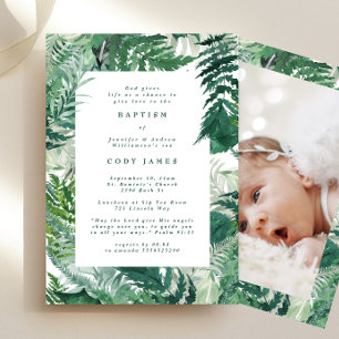 Invitación Foto de Bautismo Botánico Elegante de Leafy Verde