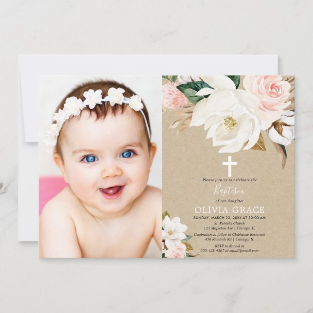Invitación Foto de bautismo chica floral blanca de Rubor (Anverso)