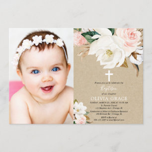 Invitación Foto de bautismo chica floral blanca de Rubor