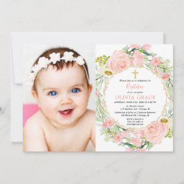 Invitación Foto de bautismo chica floral de color rosa y dora