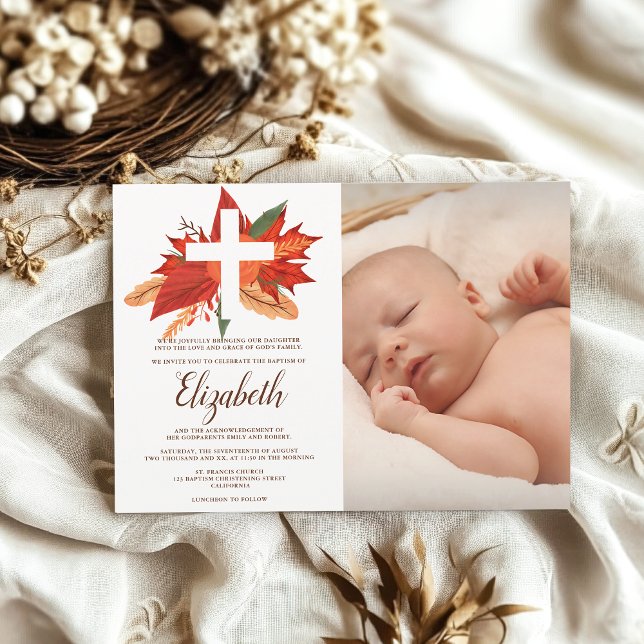 Invitación Foto de bautismo de cruz cristiana floral de mader (Rustic wood floral christian cross baptism photo invitation)
