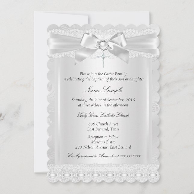 Invitación Foto de bautismo de encaje blanco de niño o Chica (Anverso)