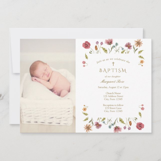 Invitación Foto de bautismo de flores silvestres (Anverso)