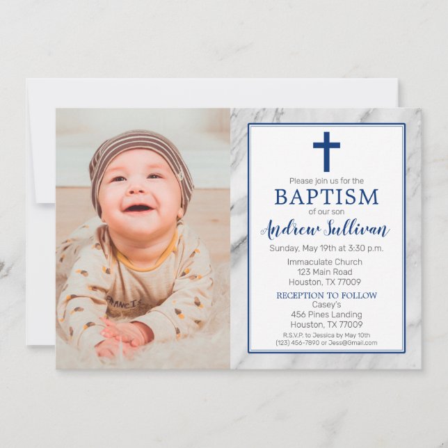 Invitación Foto de bautismo de mármol de Navy Blue Boy (Anverso)