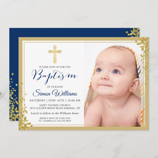 Invitación Foto de bautismo de niño azul de la marina Purpuri (Anverso / Reverso)