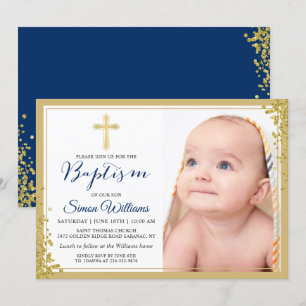 Invitación Foto de bautismo de niño azul de la marina Purpuri