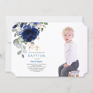 Invitación Foto de bautismo de oro de niño floral azul de la 