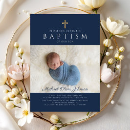 Invitación Foto de bautismo de travesía religiosa azul de la 