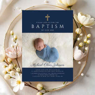 Invitación Foto de bautismo de travesía religiosa azul de la