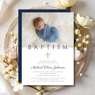 Invitación Foto de bautismo de travesía religiosa azul de la