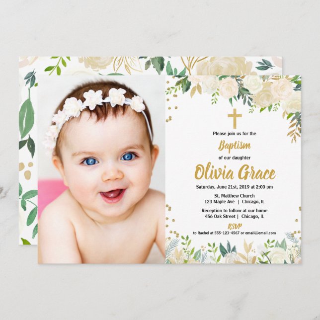 Invitación Foto de bautismo en blanco y oro (Anverso / Reverso)