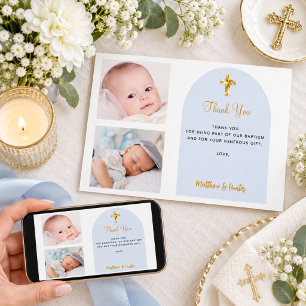 Invitación Foto de bautismo gemelos niños azules gracias tarj