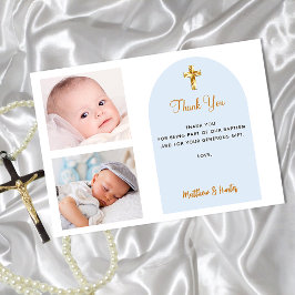 Invitación Foto de bautismo gemelos niños azules gracias tarj