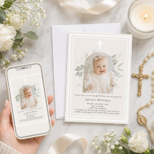 Invitación Foto de bautizo arco de florales marfil beige niña