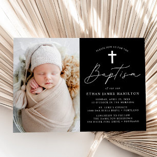 Invitación Foto de Bautizo con Letra Moderna en Blanco y Negr