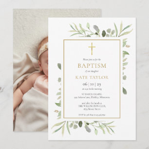 Invitación Foto de Bautizo con Vegetación en Acuarela
