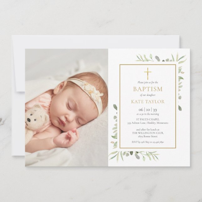 Invitación Foto de Bautizo con Verde Acuarela (Anverso)