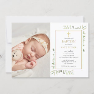 Invitación Foto de Bautizo con Verde Acuarela
