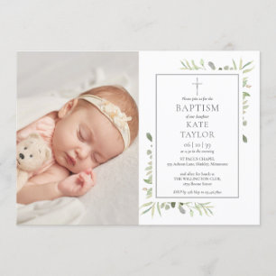 Invitación Foto de Bautizo con Verdor Acuarela