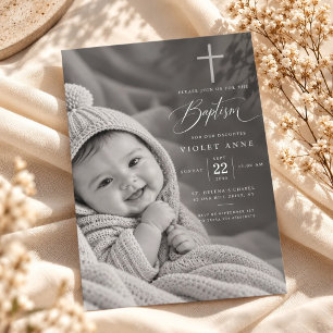 Invitación Foto de Bautizo Cristiano de Bebé Niña con Letra E