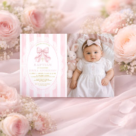 Invitación Foto de Bautizo Cristiano de Niña con Lazo Rosa