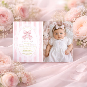 Invitación Foto de Bautizo Cristiano de Niña con Lazo Rosa