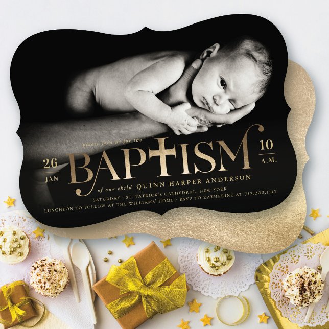 Invitación Foto de Bautizo Cruz Negrita Clásica Moderna de Ho (Faux Gold Foil Modern Classic Bold Cross Stylish Baptism Photo Invitation @ fat_fa_tin)