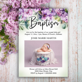 Invitación Foto de Bautizo de Bebé con Floral Púrpura