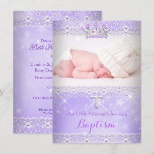 Invitación Foto de Bautizo de Bebé Niña con Tiara Lila Púrpur