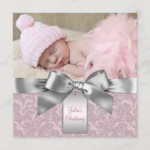Invitación Foto de Bautizo de Bebé Niña Rosa y Gris