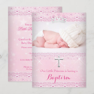 Invitación Foto de Bautizo de Bebé Rosa de Niña con Tiara