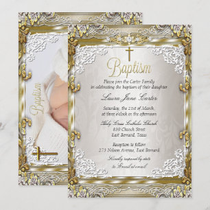 Invitación Foto de Bautizo de Cruz de Damasco Beige Dorado Vi