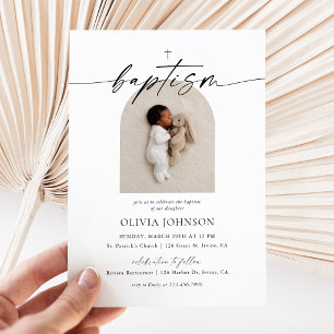 Invitación Foto de Bautizo de Cruz Minimalista