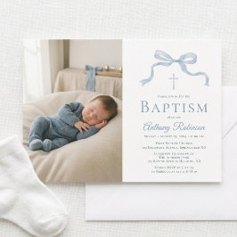Invitación Foto de Bautizo de lazo azul moderno