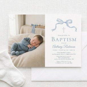 Invitación Foto de Bautizo de lazo azul moderno