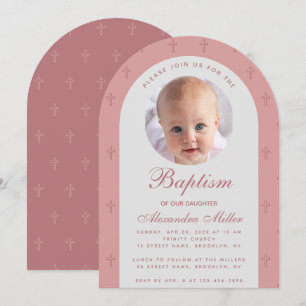 Invitación Foto de Bautizo de Niña Arco Polvoriento Rosa Mode