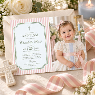 Invitación Foto de Bautizo de Niña con Raya Verde y Rubor