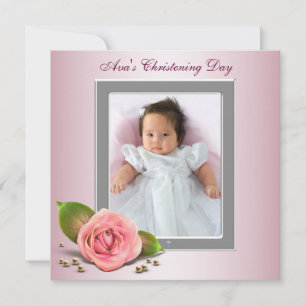 Invitación Foto de Bautizo de Niña con Rosa Rosa