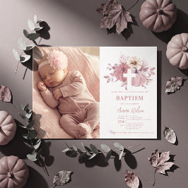 Invitación Foto de Bautizo de Niña de Otoño con Calabaza Rosa