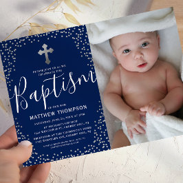Invitación Foto de bautizo de niño con brillo plateado azul