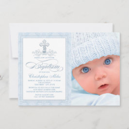 Invitación Foto de Bautizo de Niño con Cruz de Damasco Azul