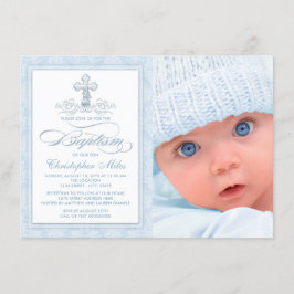 Invitación Foto de Bautizo de Niño con Cruz de Damasco Azul